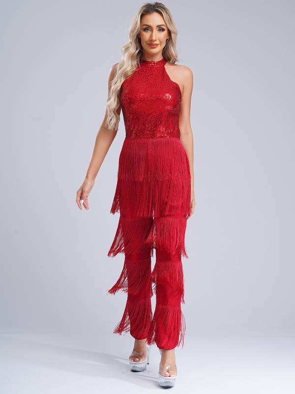Women Sleeveless Backless Sequins Tiered Tassel Jumpsuit for Latin Dance thumb