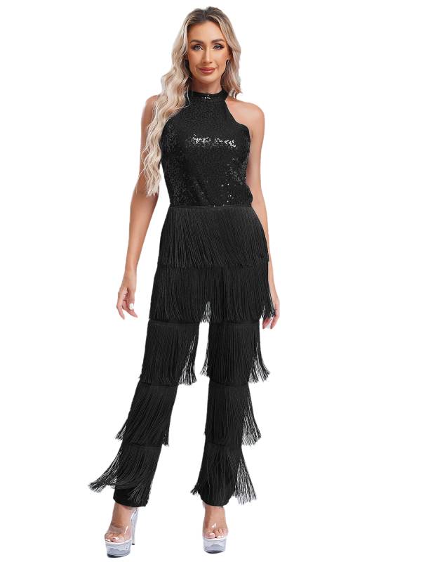 Women Sleeveless Backless Sequins Tiered Tassel Jumpsuit for Latin Dance thumb