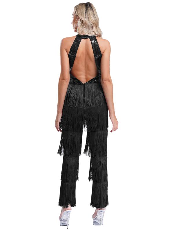 Women Sleeveless Backless Sequins Tiered Tassel Jumpsuit for Latin Dance thumb