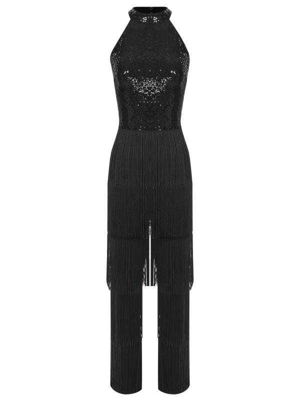 Women Sleeveless Backless Sequins Tiered Tassel Jumpsuit for Latin Dance thumb