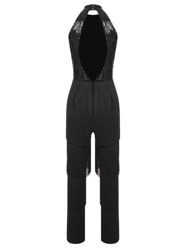 Women Sleeveless Backless Sequins Tiered Tassel Jumpsuit for Latin Dance thumb