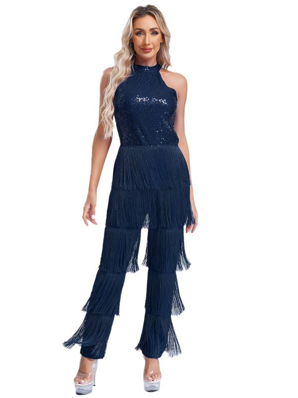 Women Sleeveless Backless Sequins Tiered Tassel Jumpsuit for Latin Dance thumb
