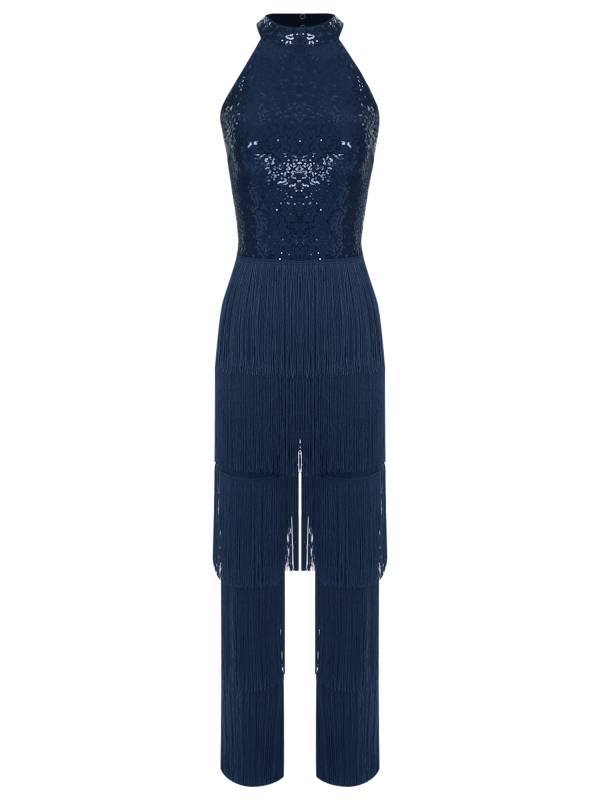 Women Sleeveless Backless Sequins Tiered Tassel Jumpsuit for Latin Dance thumb