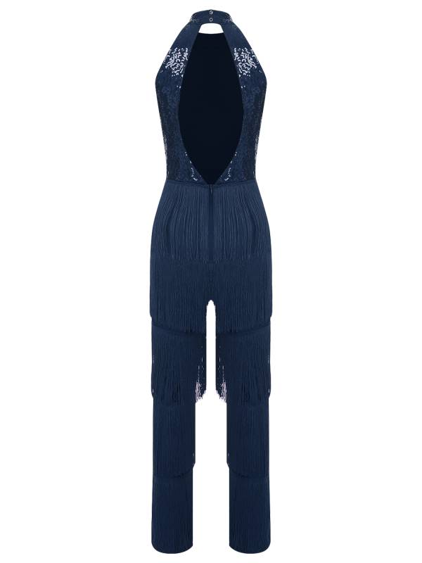 Women Sleeveless Backless Sequins Tiered Tassel Jumpsuit for Latin Dance thumb