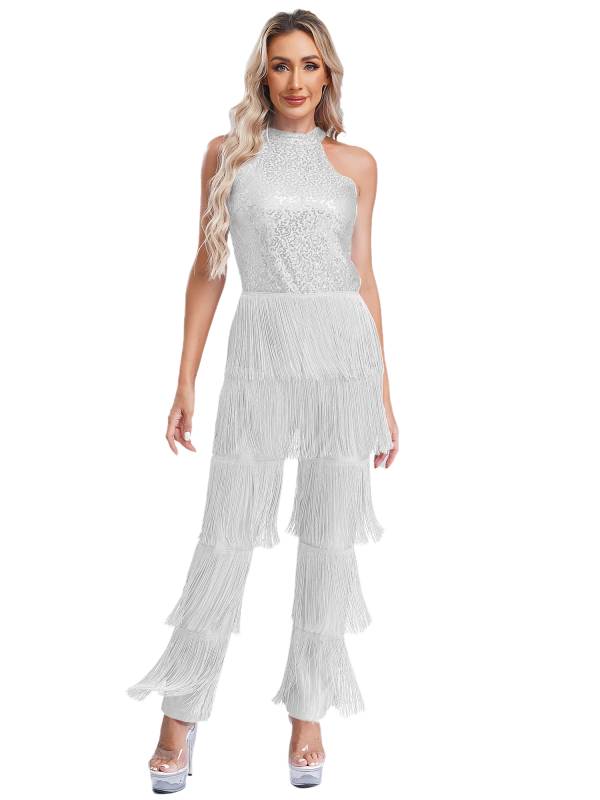 Women Sleeveless Backless Sequins Tiered Tassel Jumpsuit for Latin Dance thumb