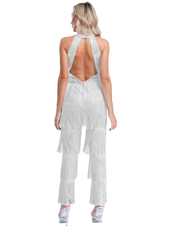 Women Sleeveless Backless Sequins Tiered Tassel Jumpsuit for Latin Dance thumb