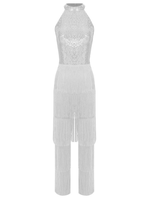 Women Sleeveless Backless Sequins Tiered Tassel Jumpsuit for Latin Dance thumb