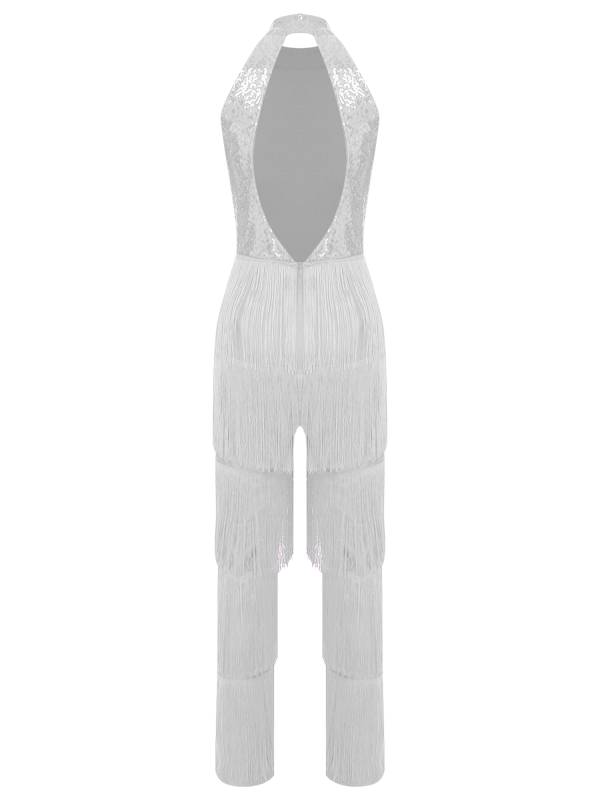 Women Sleeveless Backless Sequins Tiered Tassel Jumpsuit for Latin Dance thumb