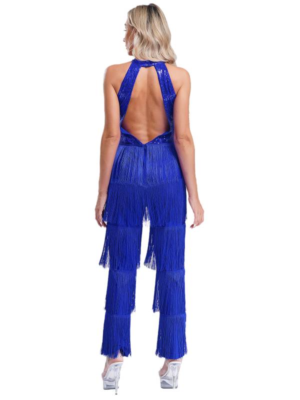 Women Sleeveless Backless Sequins Tiered Tassel Jumpsuit for Latin Dance thumb
