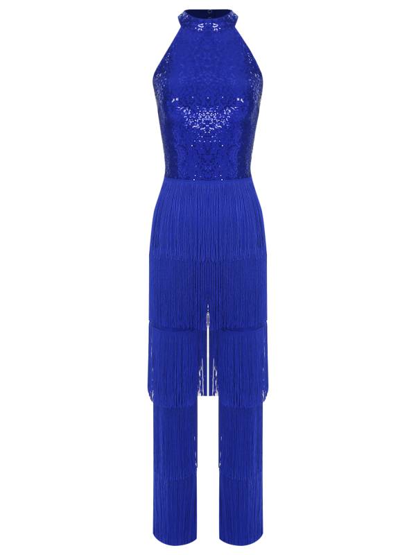 Women Sleeveless Backless Sequins Tiered Tassel Jumpsuit for Latin Dance thumb