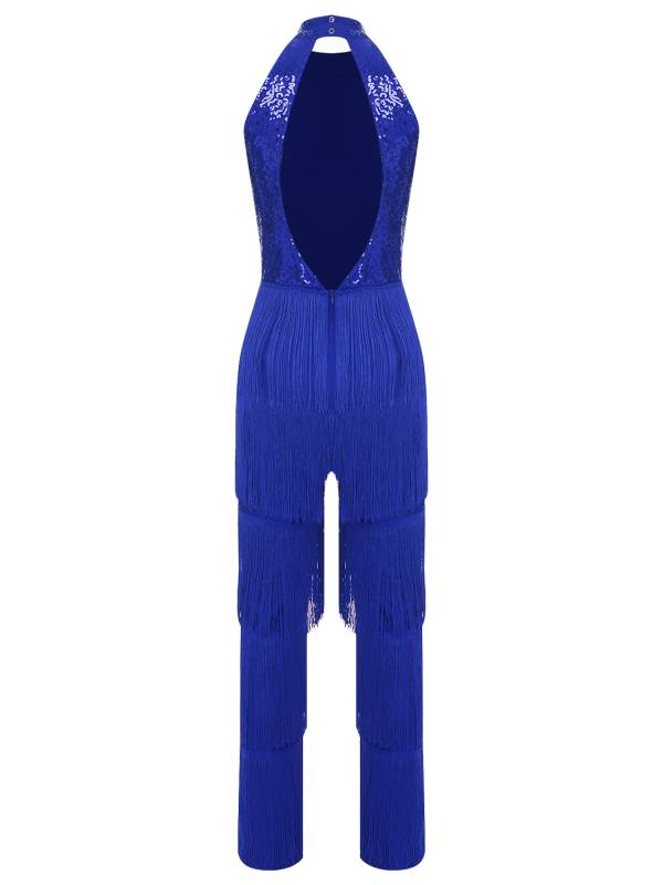 Women Sleeveless Backless Sequins Tiered Tassel Jumpsuit for Latin Dance thumb