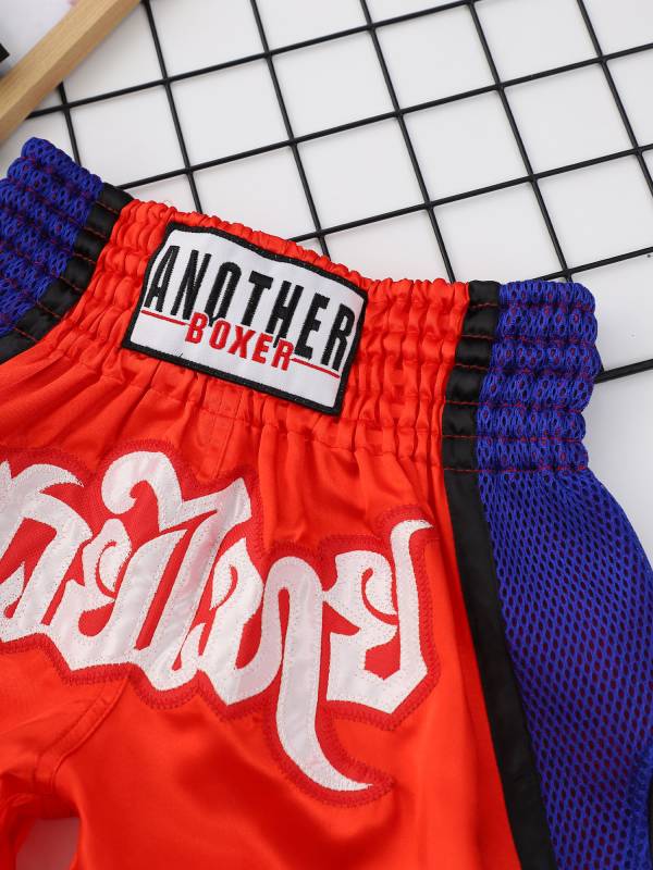 Adults Letter Embroidery Side Slit Color Block Boxing Shorts thumb