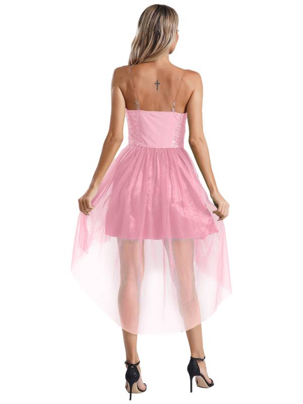Women V Neck Sleeveless Sequin High-low Tulle Dress for Prom thumb