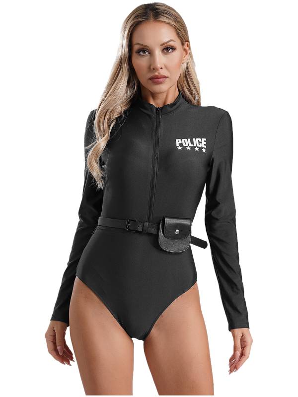 Women Long Sleeve Letter Print Bodysuit with Belt and Purse Police Costume Suit thumb