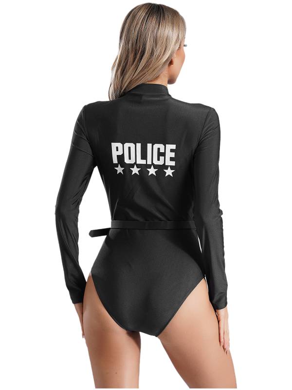 Women Long Sleeve Letter Print Bodysuit with Belt and Purse Police Costume Suit thumb
