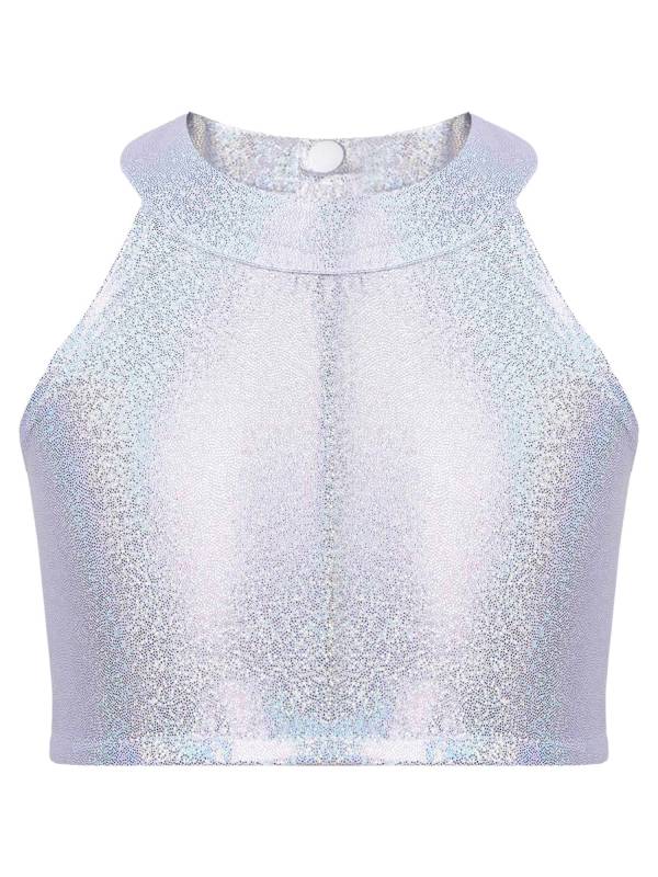 Kids Girls Metallic Sleeveless Halter Neck Jazz Dance Crop Top thumb