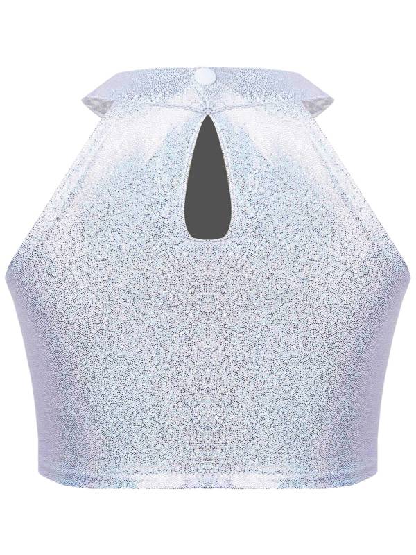 Kids Girls Metallic Sleeveless Halter Neck Jazz Dance Crop Top thumb