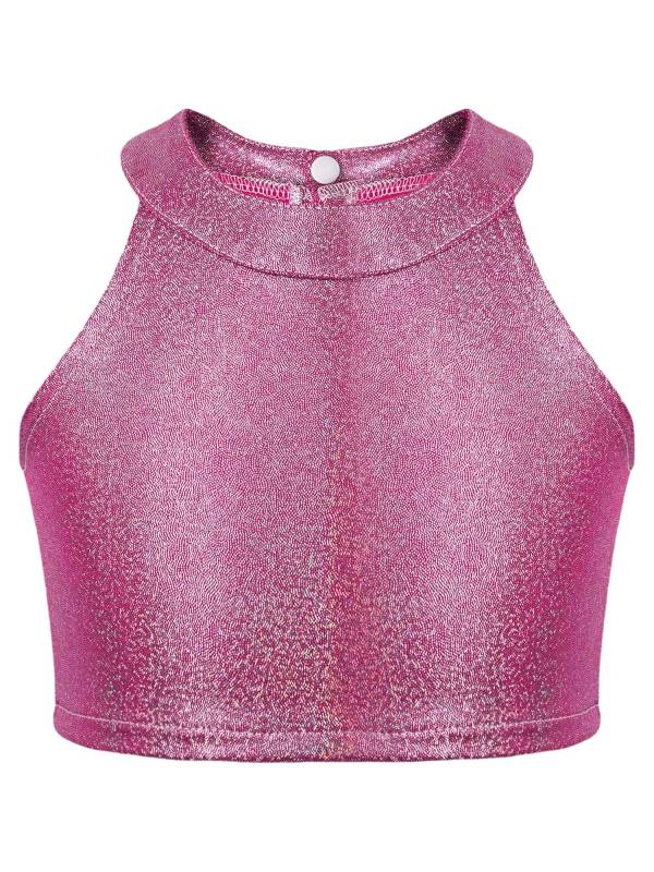 Kids Girls Metallic Sleeveless Halter Neck Jazz Dance Crop Top thumb