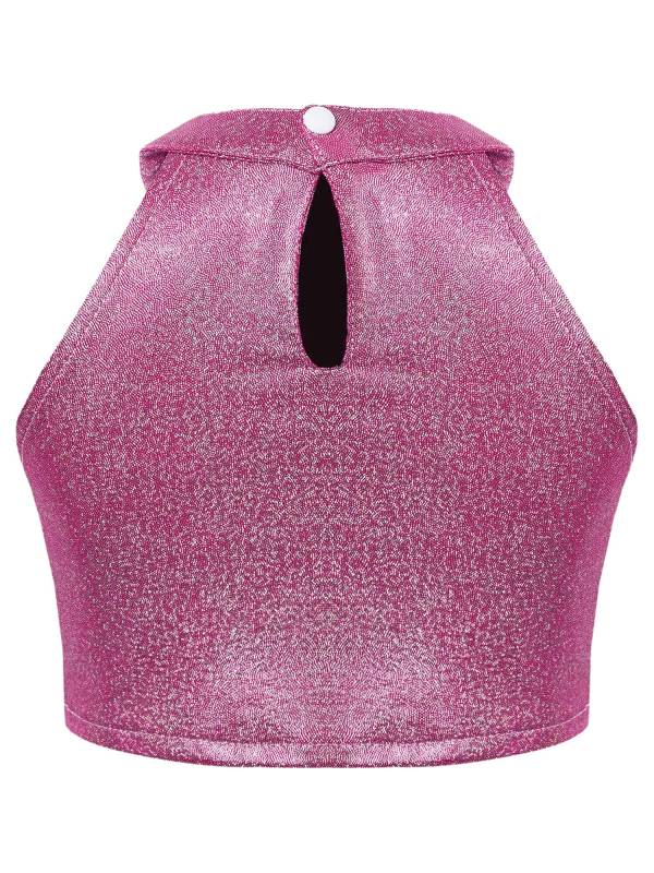 Kids Girls Metallic Sleeveless Halter Neck Jazz Dance Crop Top thumb