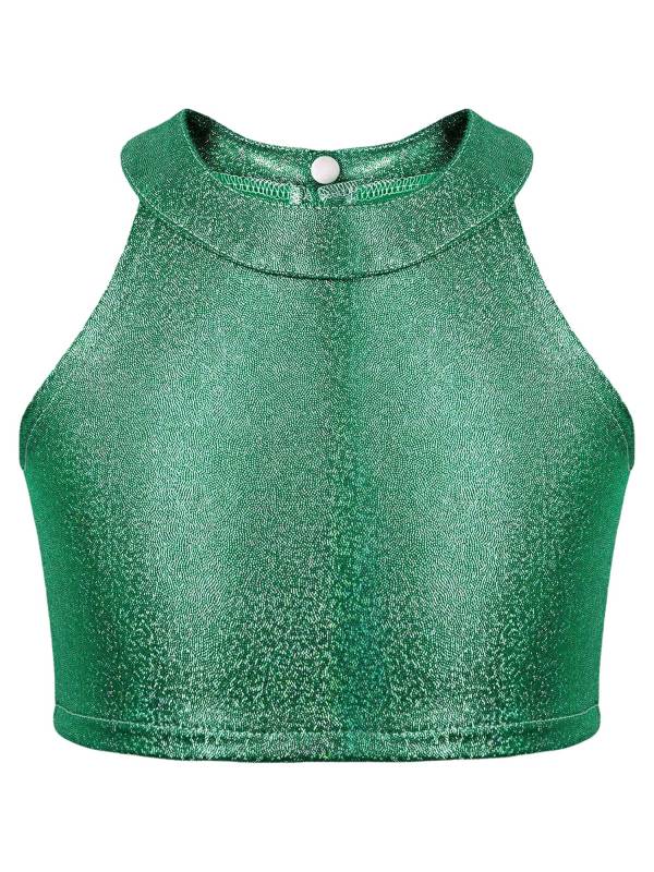 Kids Girls Metallic Sleeveless Halter Neck Jazz Dance Crop Top thumb
