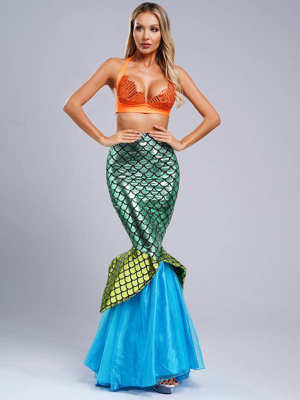 Women Scallop-shaped Cup Lace-up Bra and Shiny Fishtail Maxi Skirt Mermaid Set thumb