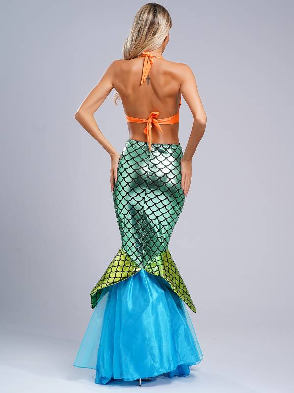 Women Scallop-shaped Cup Lace-up Bra and Shiny Fishtail Maxi Skirt Mermaid Set thumb