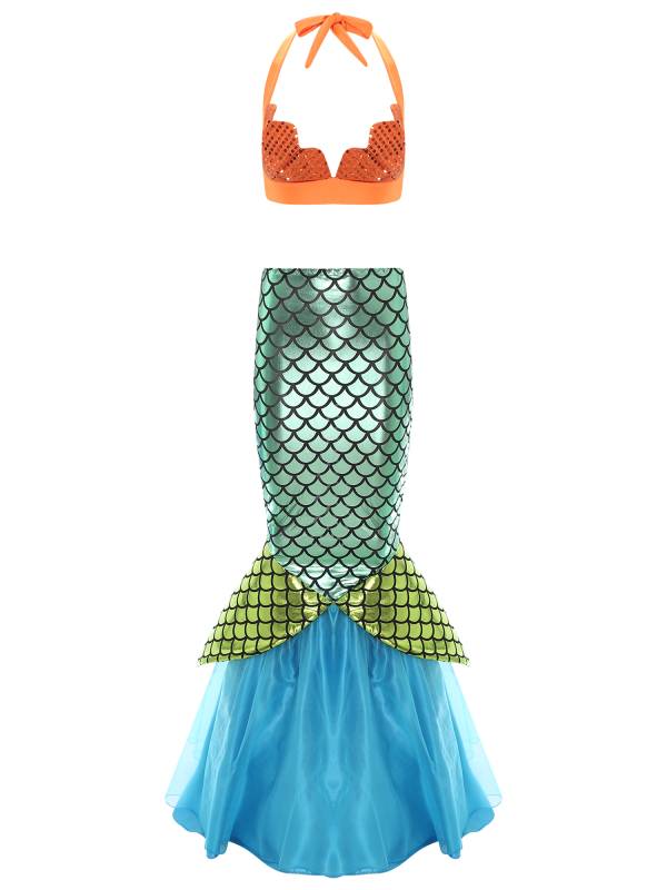 Women Scallop-shaped Cup Lace-up Bra and Shiny Fishtail Maxi Skirt Mermaid Set thumb