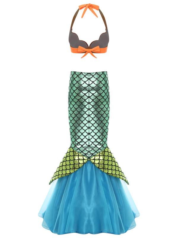 Women Scallop-shaped Cup Lace-up Bra and Shiny Fishtail Maxi Skirt Mermaid Set thumb