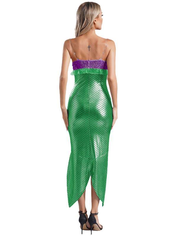 Women V Neck Sleeveless Sequin Ruffles Mermaid Bodycon Dress thumb