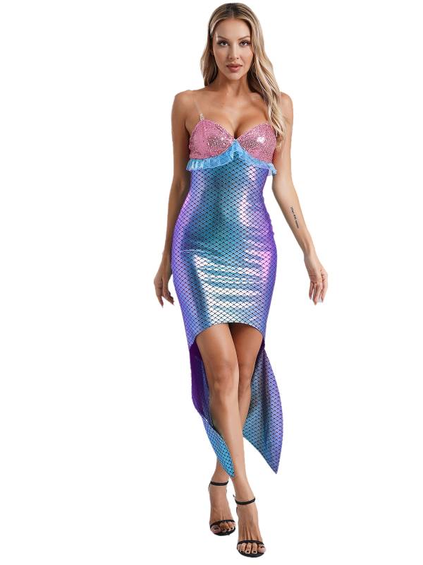 Women V Neck Sleeveless Sequin Ruffles Mermaid Bodycon Dress thumb