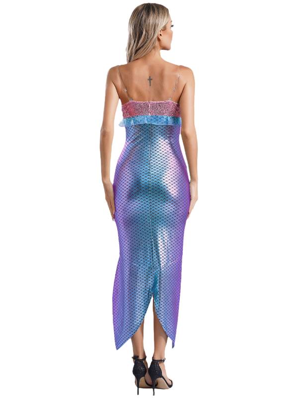 Women V Neck Sleeveless Sequin Ruffles Mermaid Bodycon Dress thumb