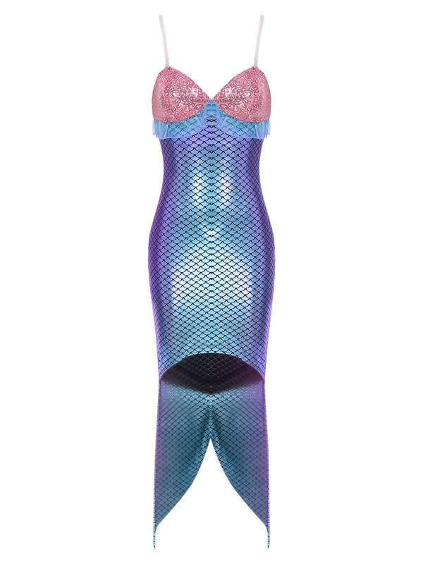 Women V Neck Sleeveless Sequin Ruffles Mermaid Bodycon Dress thumb