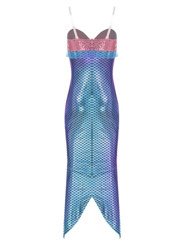 Women V Neck Sleeveless Sequin Ruffles Mermaid Bodycon Dress thumb