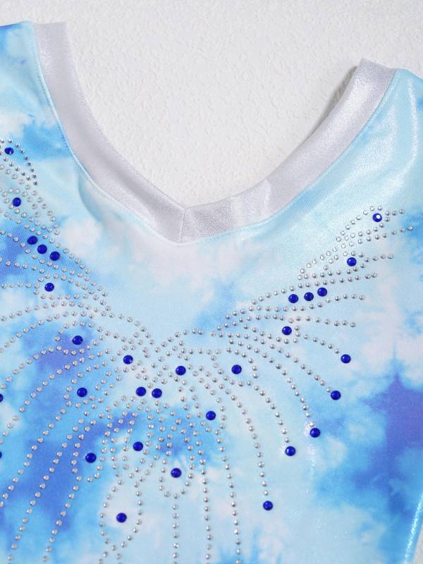Kids Girls V Neck Sleeveless Shiny Rhinestones Gymnastics Leotard thumb