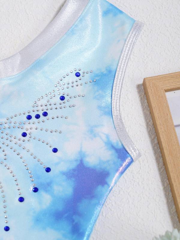 Kids Girls V Neck Sleeveless Shiny Rhinestones Gymnastics Leotard thumb