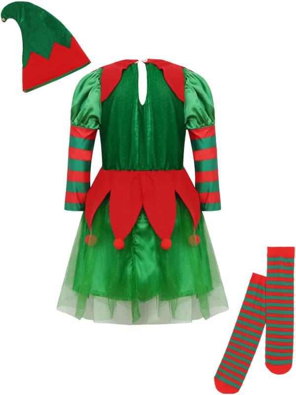 Kids Girls Christmas Elf Long Sleeve Dress with Hat and Stripes Stockings Set thumb