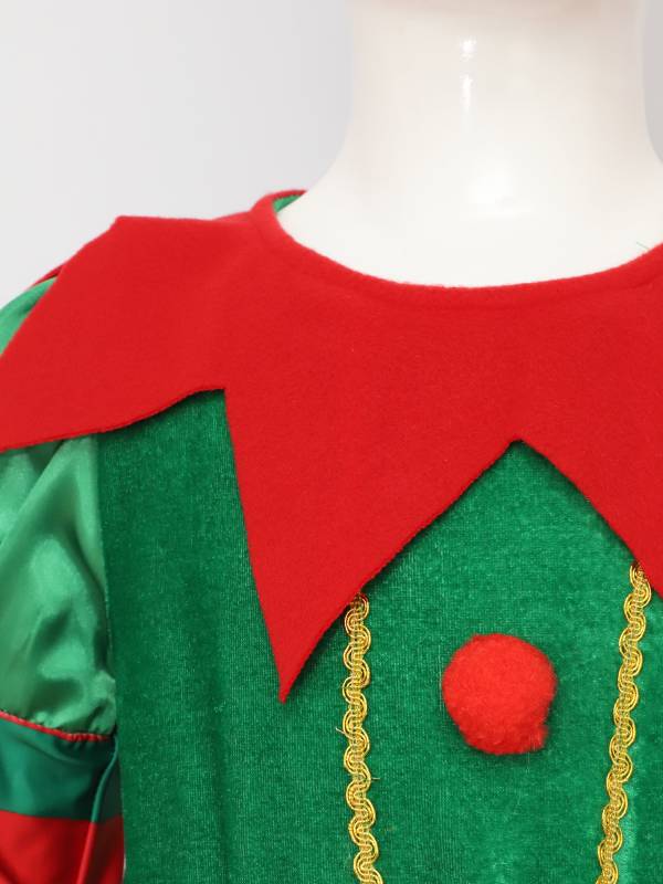 Kids Girls Christmas Elf Long Sleeve Dress with Hat and Stripes Stockings Set thumb