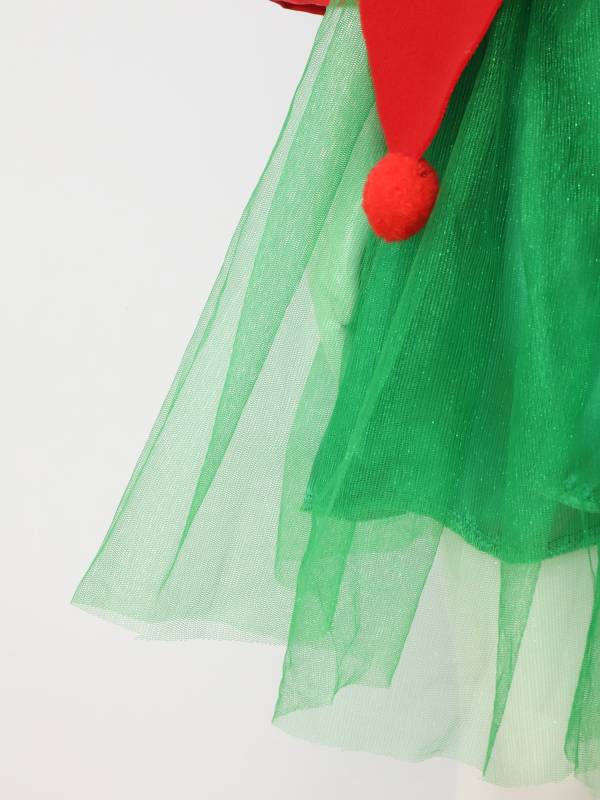 Kids Girls Christmas Elf Long Sleeve Dress with Hat and Stripes Stockings Set thumb