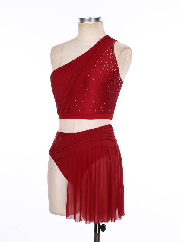 Women 2pcs One Shoulder Crop Top and Skirted Briefs Lyrical Dance Set thumb