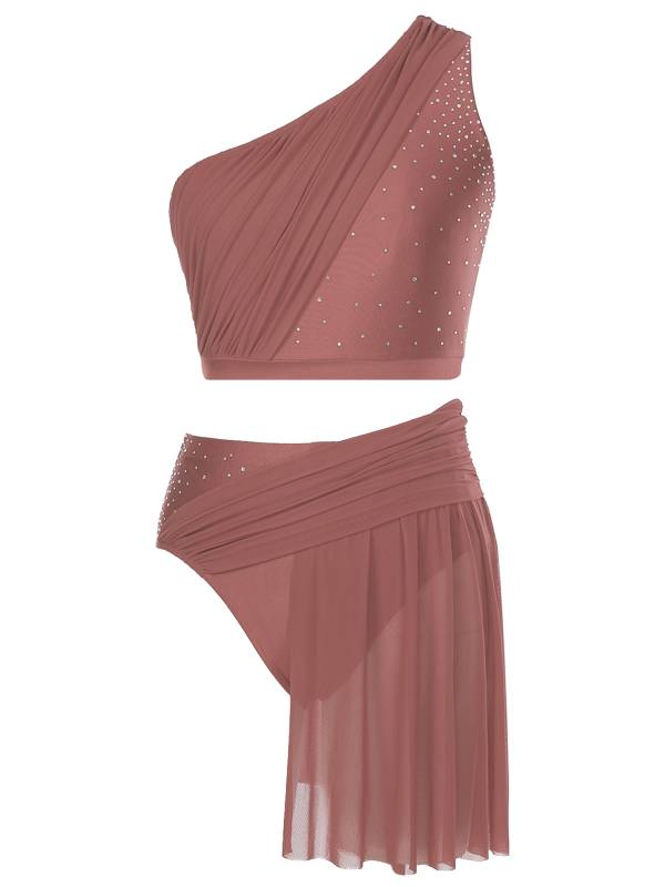 Women 2pcs One Shoulder Crop Top and Skirted Briefs Lyrical Dance Set thumb