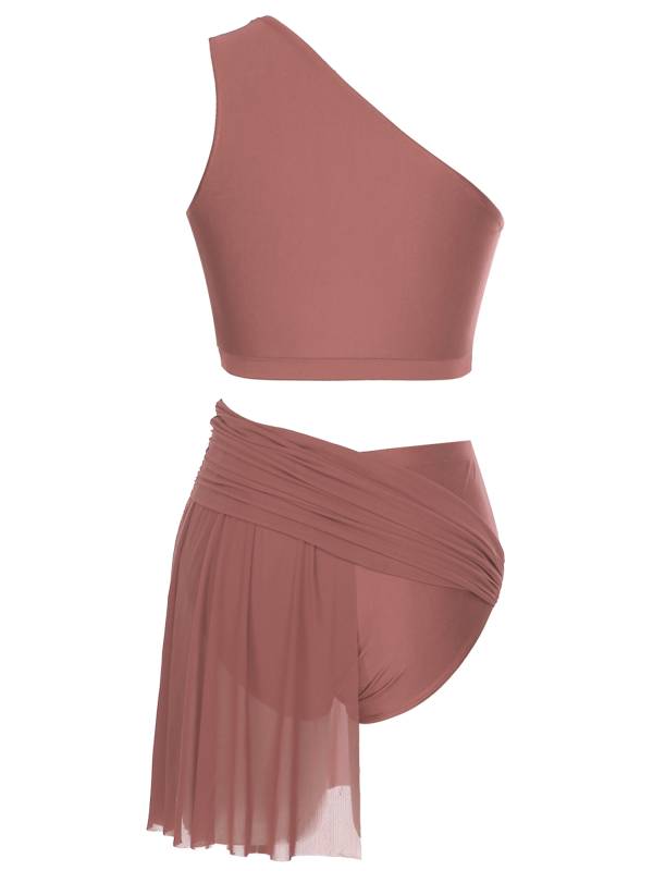 Women 2pcs One Shoulder Crop Top and Skirted Briefs Lyrical Dance Set thumb