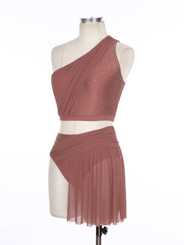 Women 2pcs One Shoulder Crop Top and Skirted Briefs Lyrical Dance Set thumb