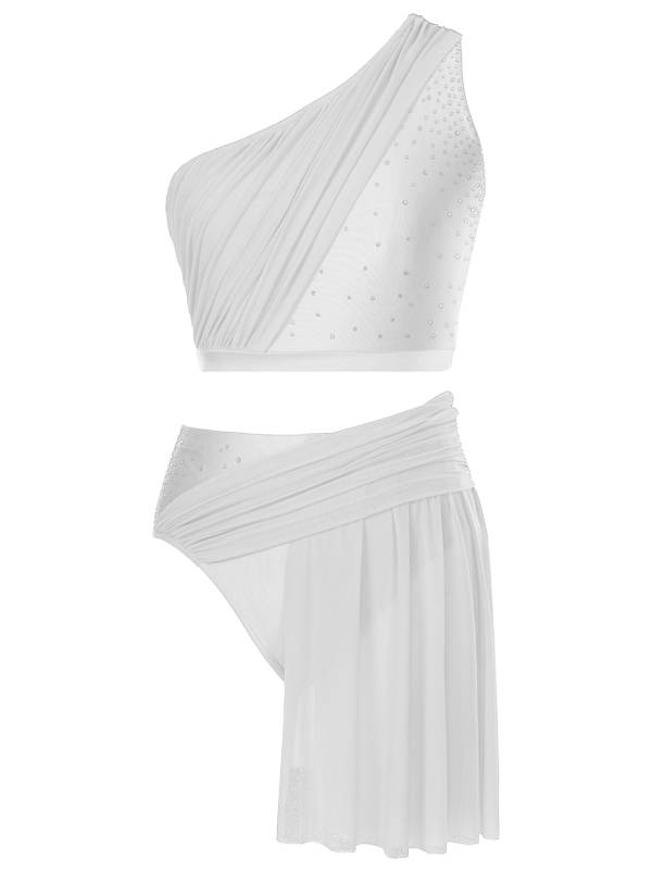 Women 2pcs One Shoulder Crop Top and Skirted Briefs Lyrical Dance Set thumb