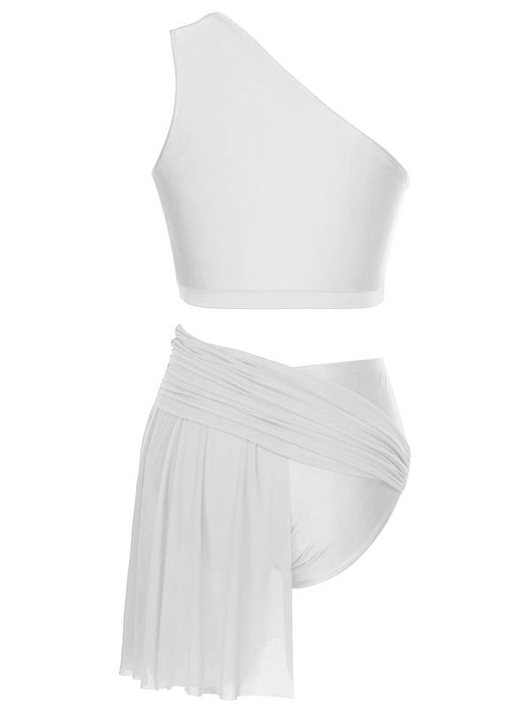 Women 2pcs One Shoulder Crop Top and Skirted Briefs Lyrical Dance Set thumb
