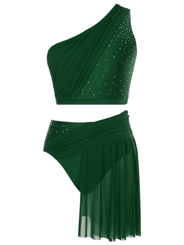 Women 2pcs One Shoulder Crop Top and Skirted Briefs Lyrical Dance Set thumb