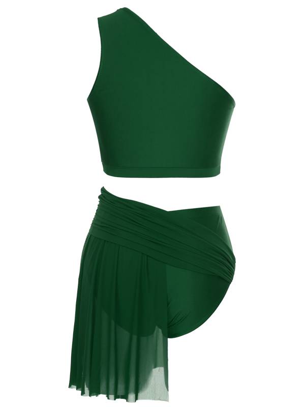 Women 2pcs One Shoulder Crop Top and Skirted Briefs Lyrical Dance Set thumb