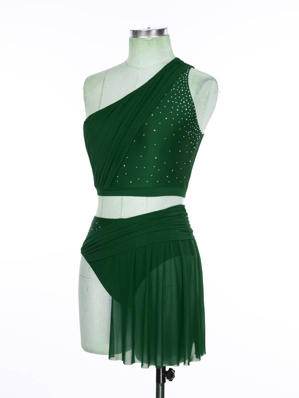 Women 2pcs One Shoulder Crop Top and Skirted Briefs Lyrical Dance Set thumb