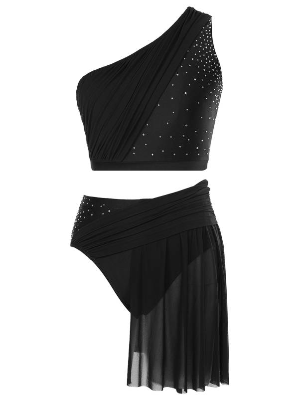 Women 2pcs One Shoulder Crop Top and Skirted Briefs Lyrical Dance Set thumb