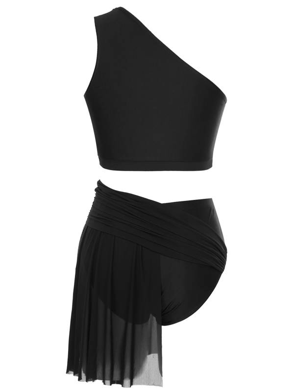 Women 2pcs One Shoulder Crop Top and Skirted Briefs Lyrical Dance Set thumb