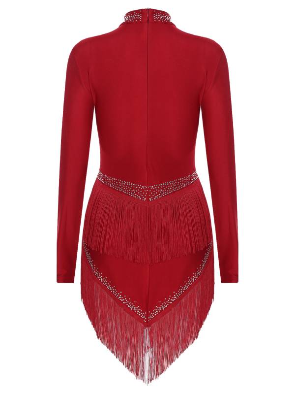 Women Long Sleeve Tassel Rhinestones Asymmetrcial Latin Dance Dress thumb